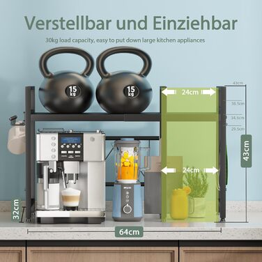 Регульована підставка для мікрохвильової печі NETEL 2-ярусна, кухонна полиця над мікрохвильовою печчю, полиця для робочої поверхні, висувна 40-60 см, з тримачем для напоїв та кошиком, чорний