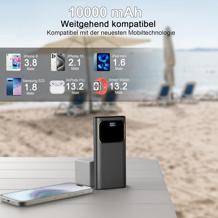 Power Bank 10000mAh з LED-дисплеєм, 22.5W PD3.0/QC4.0, USB-C, чорний