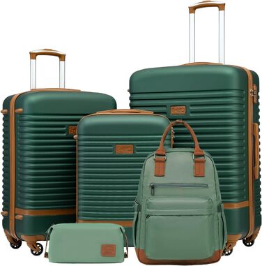 COOLIFE Suitcase Trolley Luggage Travel Suitcase made of ABS Hard Shell Trolley with 4 Wheels and TSA Lock. The suitcase includes 1 Travel Backpack and 1 Toiletry Bag (White/Brown, Large 3-Piece Suitcase Set) (5-Piece Suitcase Set, Dark Green/Brown)
