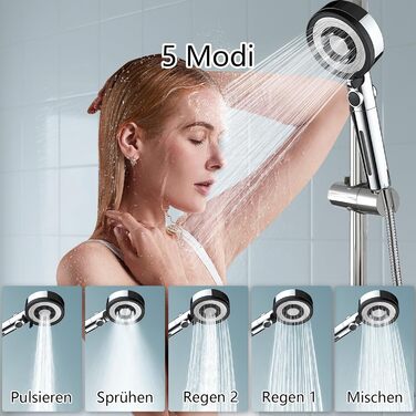 Душова лійка з 4 фільтрами, високий тиск, економія води, шланг 1.5м, 5 режимів, кнопка зупинки, хром