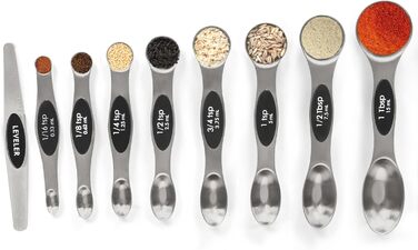 Magnetic Measuring Spoon Set, Stainless Steel with Leveler, 9-Piece, Stackable, Metal, Measuring Spoons for Baking, Measuring Cups and Spoons, Kitchen Gadgets, Home Accessories, Fits in Spice Jars