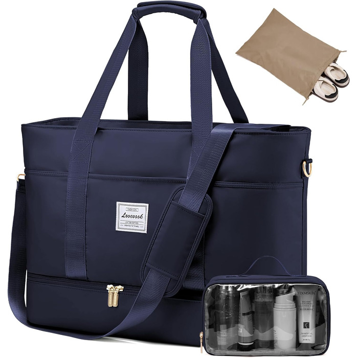 Сумка-трансформер LOVEVOOK для подорожей: водонепроникна дорожня сумка-мішок, 42L, темно-синій. Ідеально для авіакомпанії Ryanair, спортзалу, пологів, сауни та клініки. Має відділення для взуття.