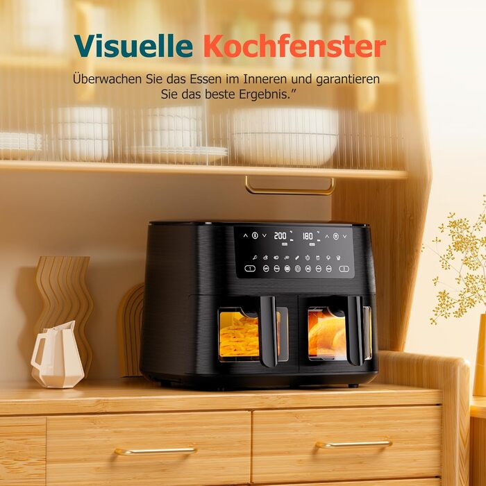 Дво-зонна аерофритюрниця з оглядовим вікном, 9 л XL, подвійний Airfryer, 2 кошики, 9-в-1, сенсорний екран, розумний таймер, для здорового приготування без олії