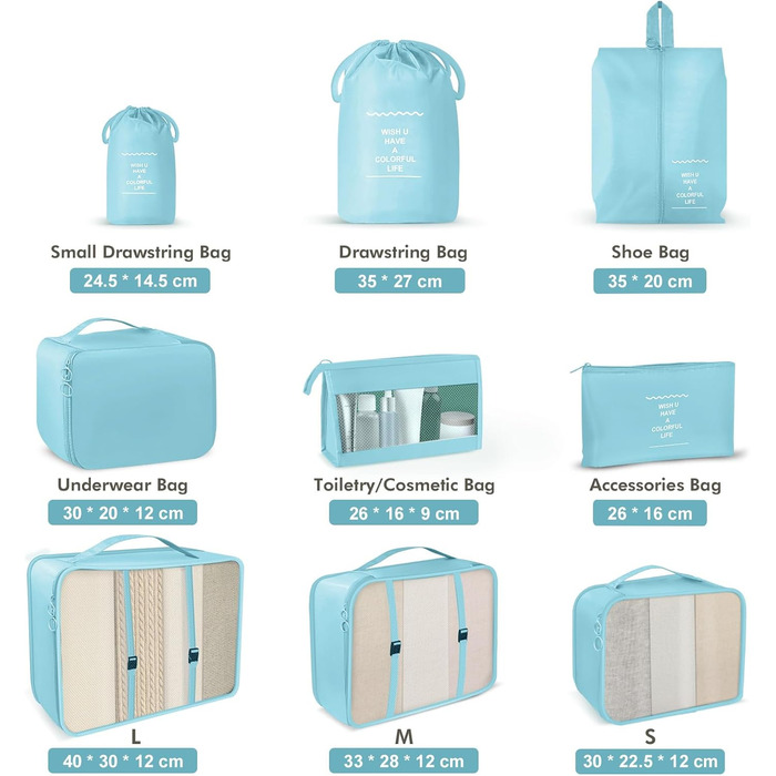 Органайзери для валізи OBSGUMU, набір 9 шт. - Кубики для пакування, косметичка, аксесуари для подорожей (блакитний)