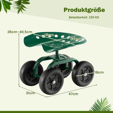 COSTWAY Rolling Seat with Wheels, 360° Swivel | Height Adjustable, Mobile Garden Seat Outdoor Garden Stool, up to 150 kg | Wide Tires, Garden Rolling Seat Metal, for Gardening & Car Care, Green