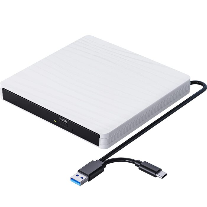 Зовнішній DVD-привід USB 3.0 та Type-C, портативний CD/DVD+/-RW записувач для ноутбука, ПК, MacBook, Windows, MacOS, Linux (Білий)