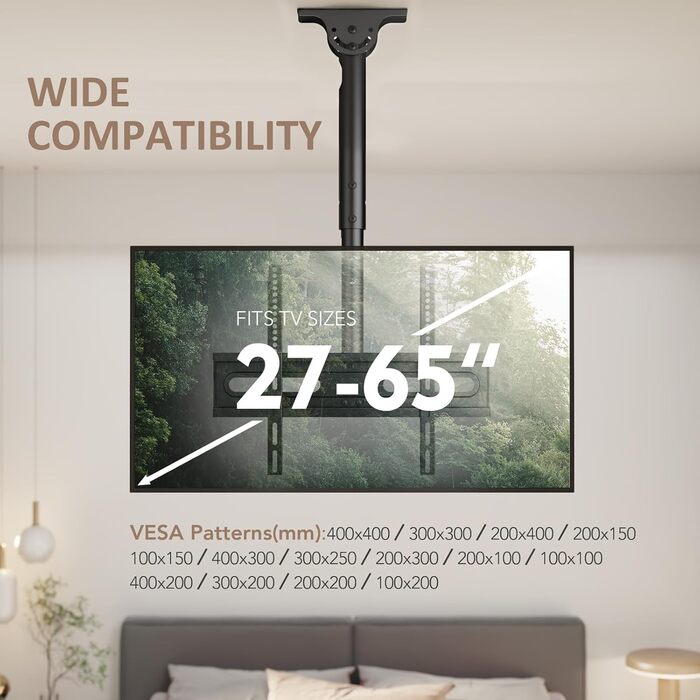 Adjustable TV Ceiling Mount for LED, LCD, OLED, and Plasma TVs - 26-65 Inch, 50kg Capacity, 400x400mm VESA, Black (AX11TB01)