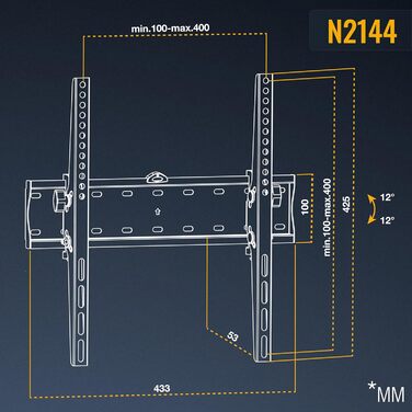 Настінне кріплення для телевізора RICOO 40-65 дюймів, похиле, VESA 400x400, до 40 кг, ультратонке, для LED/LCD/OLED
