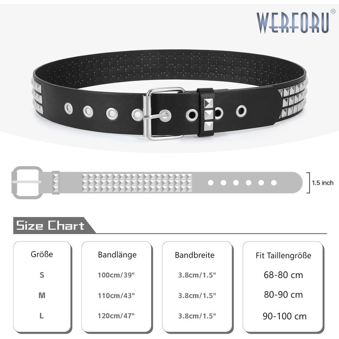 Чоловічий/Жіночий шкіряний ремінь WERFORU з пряжками у стилі панк-рок, металеві пряжки, для джинсів та штанів, розмір 90-100 см (C-чорний+ланцюжок, для розміру талії 68-80 см)
