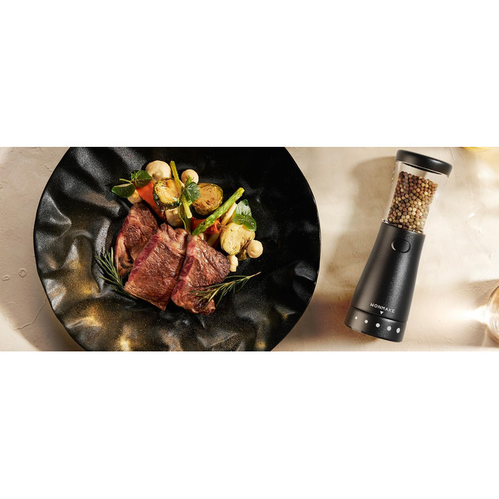 Salt and pepper grinder, electric spice grinder made of stainless steel, one-handed operation, LED light, and adjustable coarseness, Black