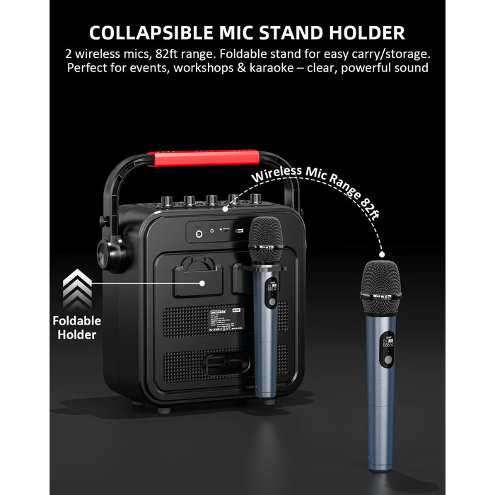 Караоке Машина з 2 мікрофонами, Bluetooth, PA Система з FM, USB, TF, AUX, Ехо, Регулювання Bass/Treble, Чорний