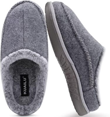 Чоловічі капці KuaiLu з піною з пам'яті, зручні, ручної роботи, з мікрозамшею, на слизькій підошві, з підтримкою склепіння стопи, з теплою підкладкою з штучного хутра, гумова підошва, для дому та вулиці (47 EU, Сірий хутро)