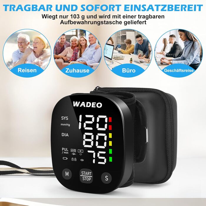 Цифровий тонометр WADEO на зап'ясті, мовлення 5 мовами, виявлення аритмії, портативний тонометр для дому та подорожей, 2 x 99 пам'ять, з батарейками та коробкою для зберігання, білий (чорний)