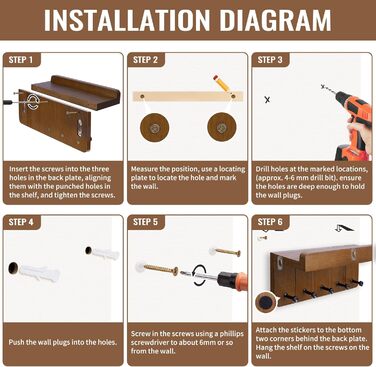 Дерев'яне ключниця з поличкою, ключниця на стіну з 5 гачками, декоративне настінне кріплення для ключів, підходить для прихожей, коридору, кухні, спальні (Темно-коричневий)