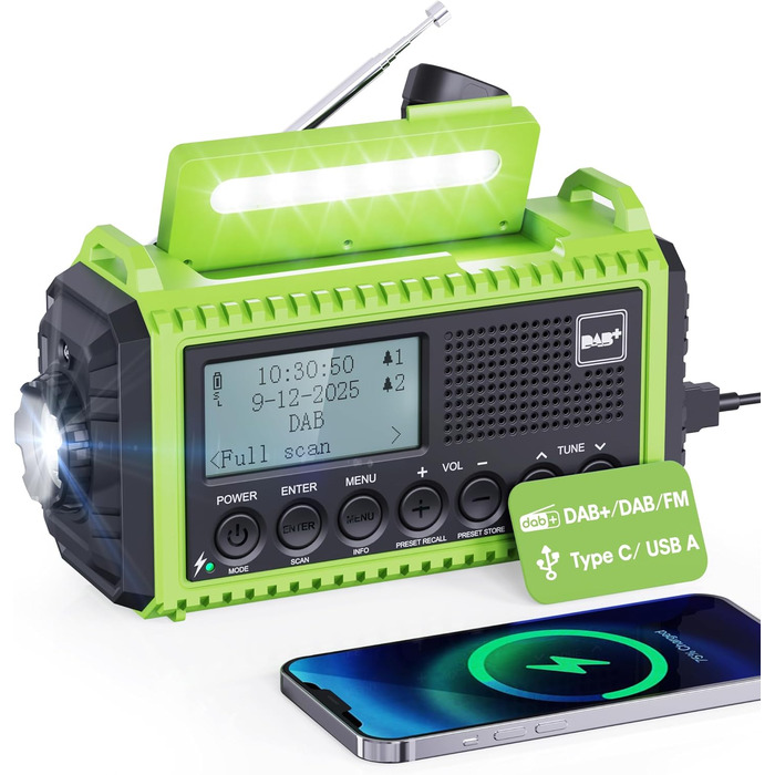 Радіоприймач Kurbelradio з DAB+/DAB/UKW, акумулятор 5000mAh, ліхтарик, SOS-сигнал, зарядка USB, динамо, FM, для кемпінгу та подорожей