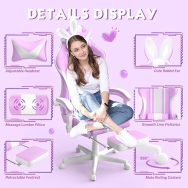 Ergonomic Gaming Chair with Footrest - Racing Style PC Gaming Chair with Headrest, Lumbar Support & Bunny Ears (Violet)
