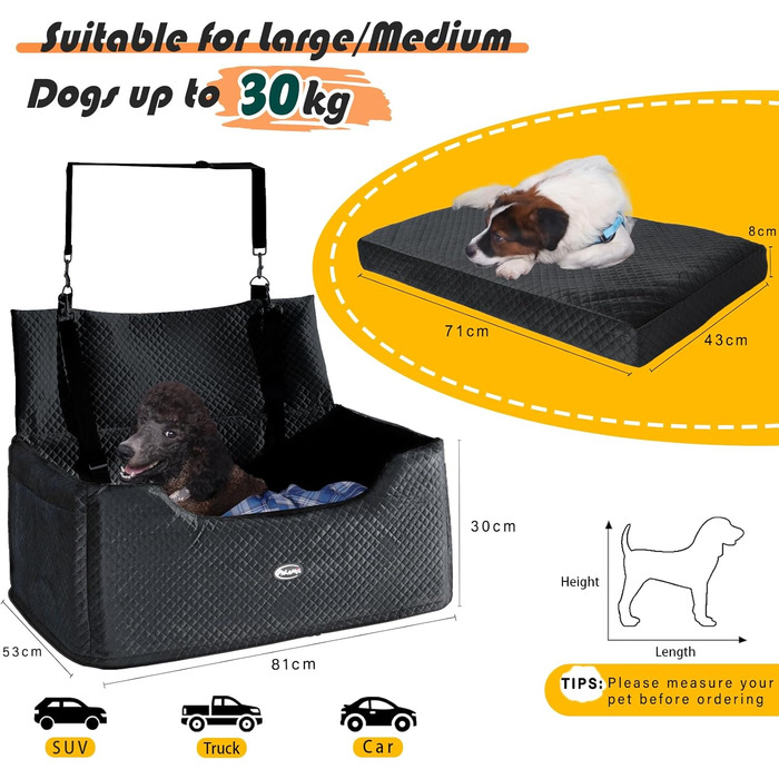 Підвищення для собак PALAMIL: для великих/середніх або 2 маленьких собак, водонепроникний автокрісло для собак з товстим матрацом та кишенями для зберігання (Чорний). Підвищення для великих собак.