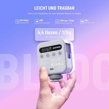 NEEWER BL60C LED-панель для відеозйомки: RGB, 8W, 2700K-7500K, портативна, з акумулятором 4000mAh, метал, CRI 97