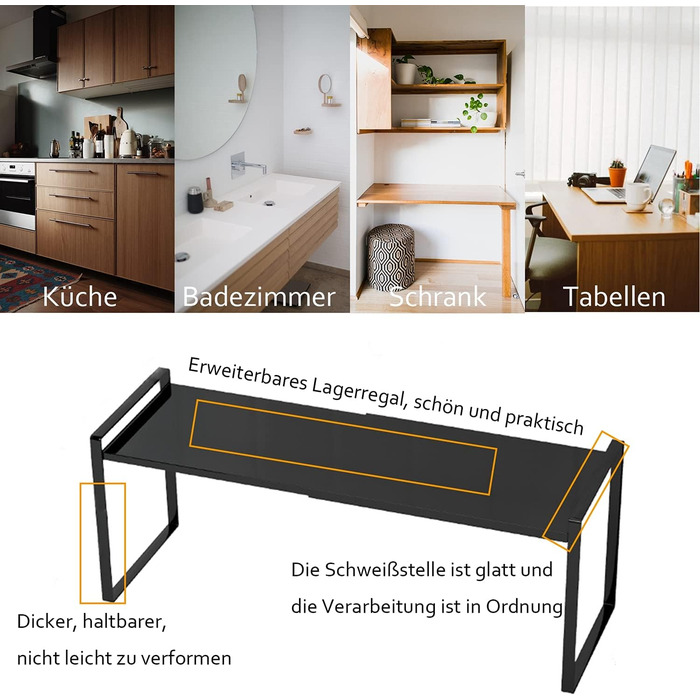 KZOBYD Expandable Kitchen Shelf, Foldable Kitchen Cabinet Shelf Spice Rack Organizer for Dishes and Supplies Stackable Kitchen Storage Organizer for Extra Storage Space (White, ) (Black, Large)