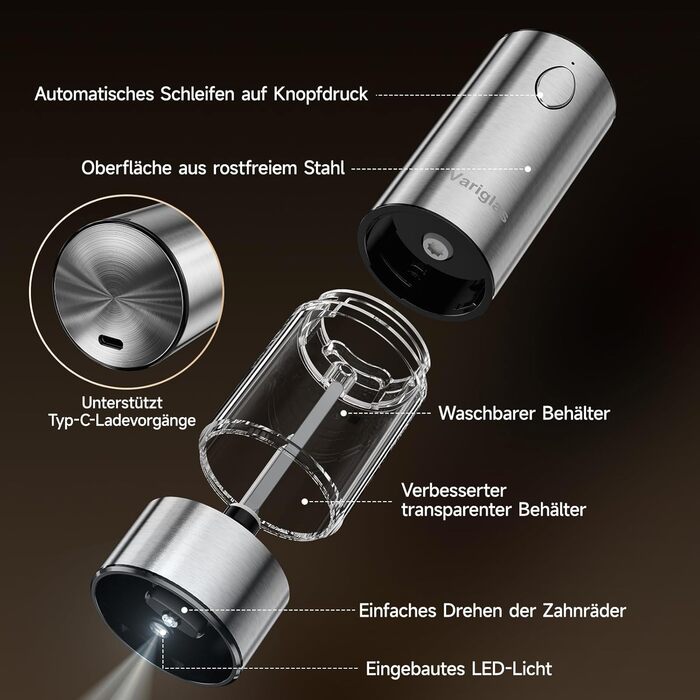 Variglas Salt and Pepper Mills Electric 2-Piece Set with USB Rechargeable, Improved Large Capacity Electric Spice Grinder, Adjustable Coarseness, LED Light (01S)