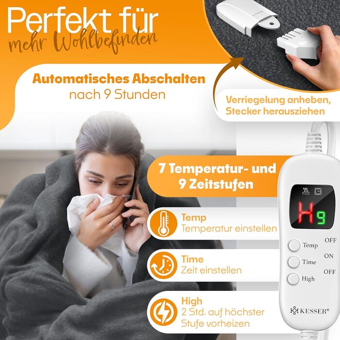 Електрична грілка KESSER® з плюшу 180x130 см сірого кольору | з таймером, автоматичним вимкненням, 7 температурних режимів, цифровим дисплеєм, прання до 40°C | Тепла та м'яка ковдра | Сертифікат TÜV SÜD GS