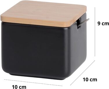 Керамічна цукерниця з ложкою та кришкою з бамбука - цукерниця для дому та кухні, сучасна куляста форма, для цукру, сиру, спецій, 10 x 10 x 9 см (Біла Кругла) (Чорна)