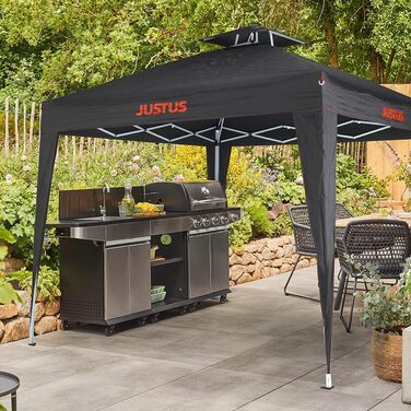 JUSTUS Grill Pavilion, foldable outdoor canopy for the garden, easy and quick assembly, special polyester cover, 250 x 250 x 260 cm, Black