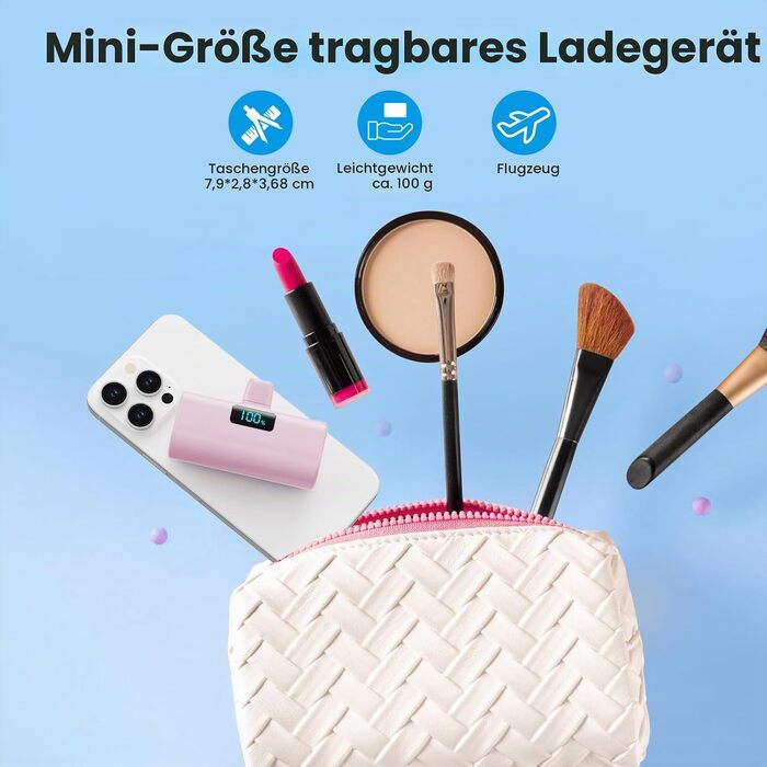 Компактний Mini Powerbank Klein 5200mAh з LCD-дисплеєм, USB-C PD зовнішній акумулятор для iPhone 15/16/17, Samsung S24/S25, Huawei, iPad — Рожевий