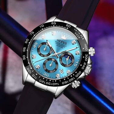 Годинник чоловічий OLEVS, стильний, кварцовий, з хронографом, з діамантами, з календарем, водонепроникний (чорний ремінець та синє циферблат)