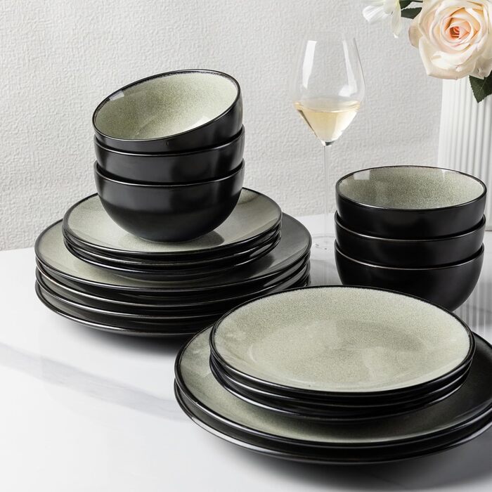 Набір посуду з каменю GBhome на 6 осіб (18 предметів), ручна робота, реактивна глазур, мікрохвильова та посудомийна машини, набір тарілок та мисок Desret Salbei