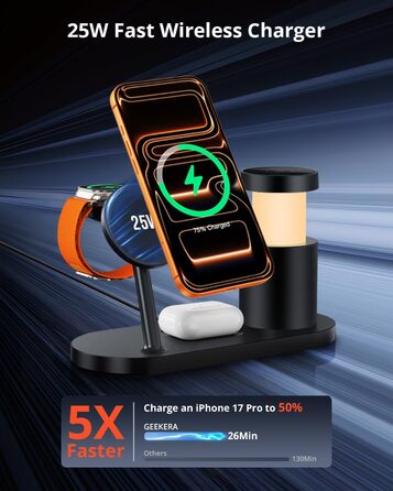 GEEKERA 25W Бездротова зарядка 4-в-1 MagSafe: для iPhone 17/16/15/14/13/12, Apple Watch (11-2), AirPods + Кабель + Блок живлення 45W (Чорний)