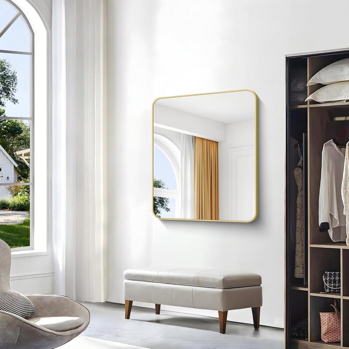 Дзеркало для ванної кімнати BONEWEI, 61 x 121,9 см, прямокутне, для кріплення на стіну, з рамою, косметичне дзеркало з округлими кутами, для спальні, вітальні, передпокою, горизонтальне (Золотий, 91.4L x 76.2B см)