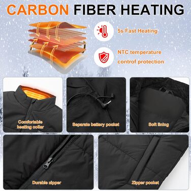 Обогреваемый жилет для мужчин и женщин 7,4V с аккумулятором 20000mAh, до 12 часов быстрого нагрева, 15 зон нагрева – для велоспорту, кемпинга и работы зимой, XS, глубокий черный