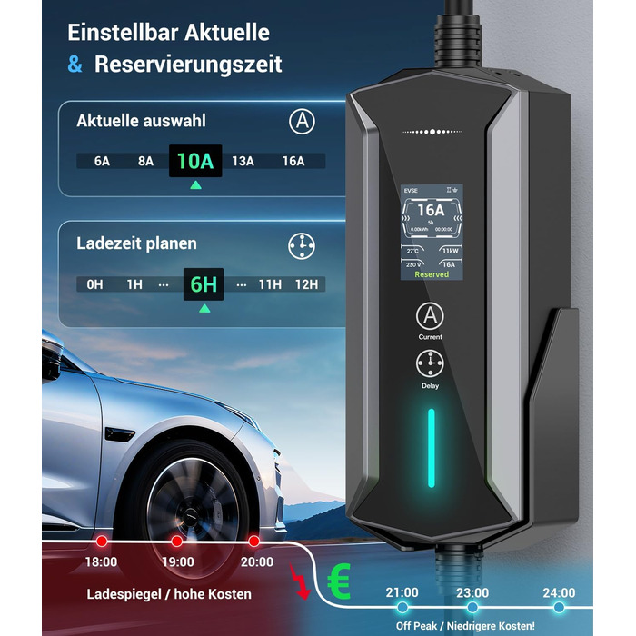 Портативний зарядний пристрій для електромобілів 11 кВт з LCD-дисплеєм, IP65, Schuko, 16A, для EV та PHEV