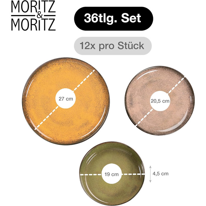 Набір посуду Moritz & Moritz VIDA на 12 осіб, 36 предметів - вінтажний сервіз з сучасного порцеляну, стійкий до подряпин, для мікрохвильової печі та посудомийної машини