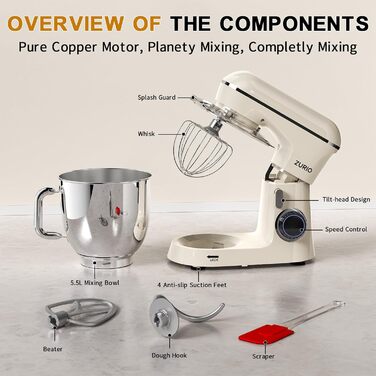 Stand Mixer, 1300W Zurio 5.5L Stand Mixer, 10-Speed Planetary Mixer, Robot Mixer with Quiet Dough Rising Function, Cream