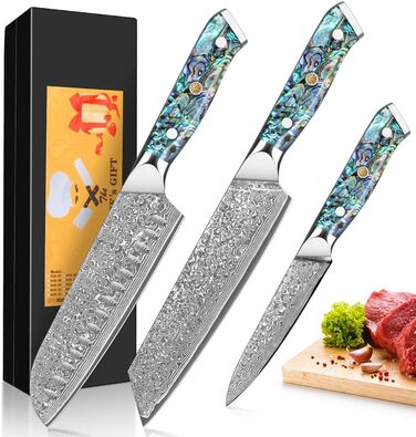 Ніж Santoku з дамаської сталі 18 см: преміум якість, VG-10 сталь, ручка з мушлі Абалоне, подарункова коробка