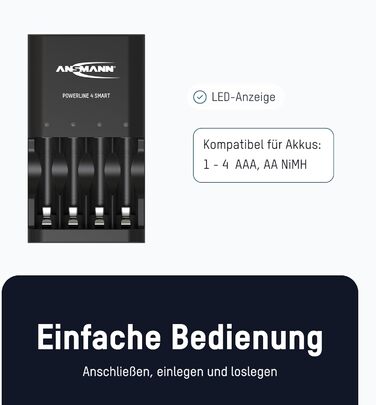Зарядний пристрій ANSMANN Powerline 4 Smart з 4x NiMH 2850 акумуляторами для до 4 NiMH AA/AAA акумуляторів - автоматичний зарядний пристрій з режимом відновлення - зарядний пристрій для перезаряджуваних батарей (без акумуляторів)