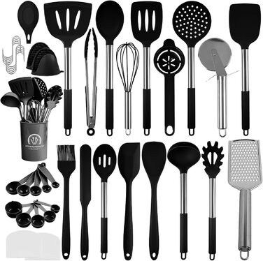 Набір кухонних помічників 45 предметів: силіконове кухонне приладдя, тримач, вінчик з нержавіючої сталі, половник, лопатка, придатне для миття в посудомийній машині, чорний