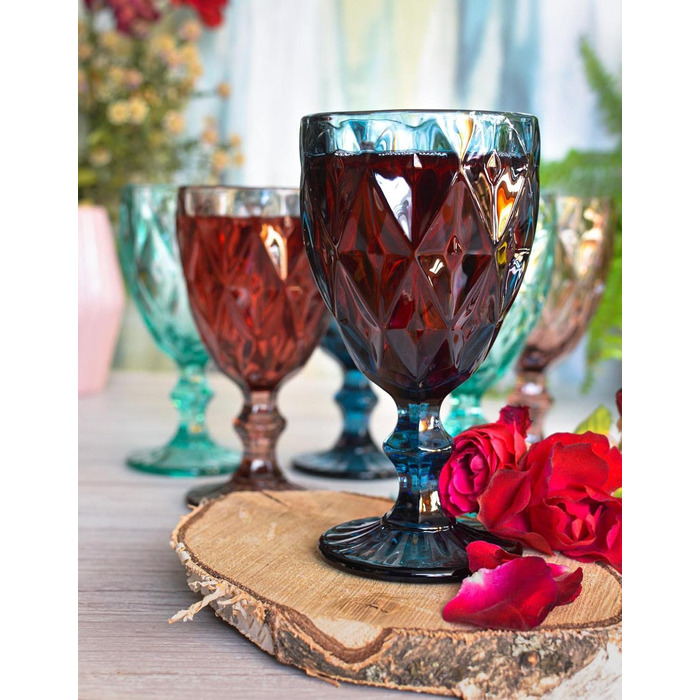 6 кольорових келихів для вина Sendez 300 мл з рельєфом (червоне та біле вино)