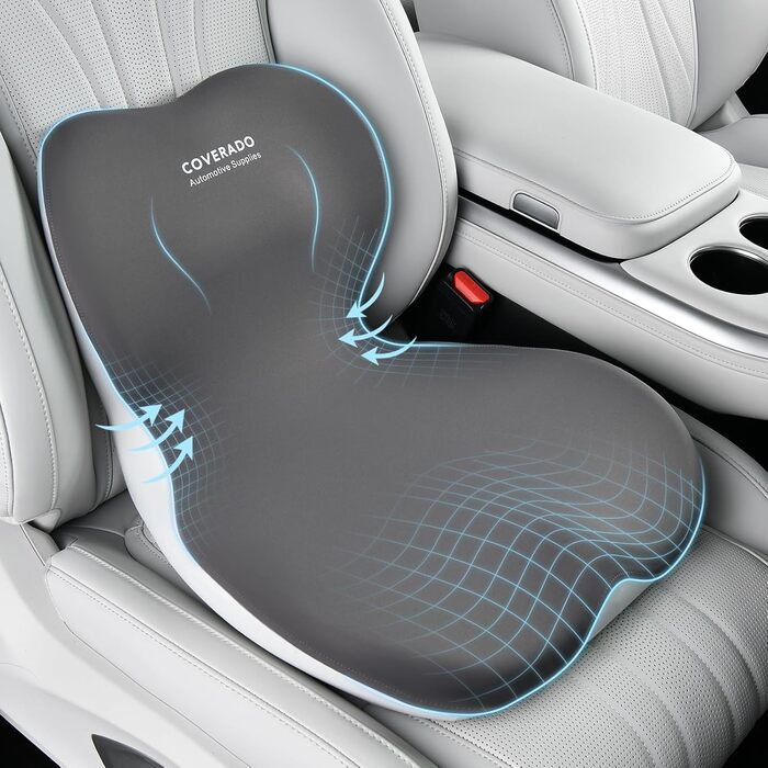 Подушка для сидіння та підтримки попереку Coverado, ергономічна подушка з memory foam для офісного крісла та авто, сірого кольору, L-подібної форми, для полегшення болю в попереку, сідниці та куприку