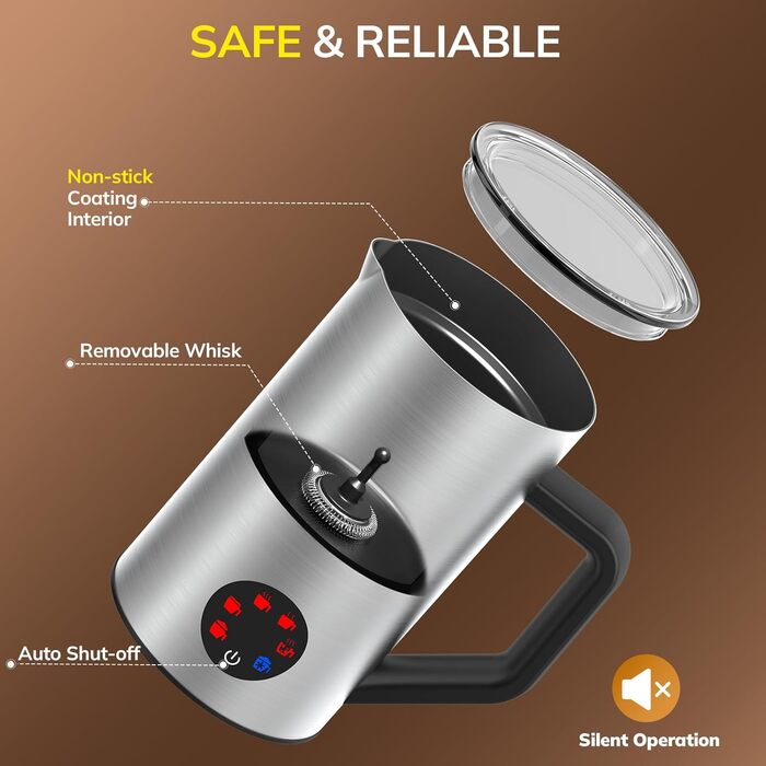 Електричний піногасник для молока Morpilot, 650W, нержавіюча сталь, 350мл, для гарячого та холодного молока, сумісний з посудомийною машиною