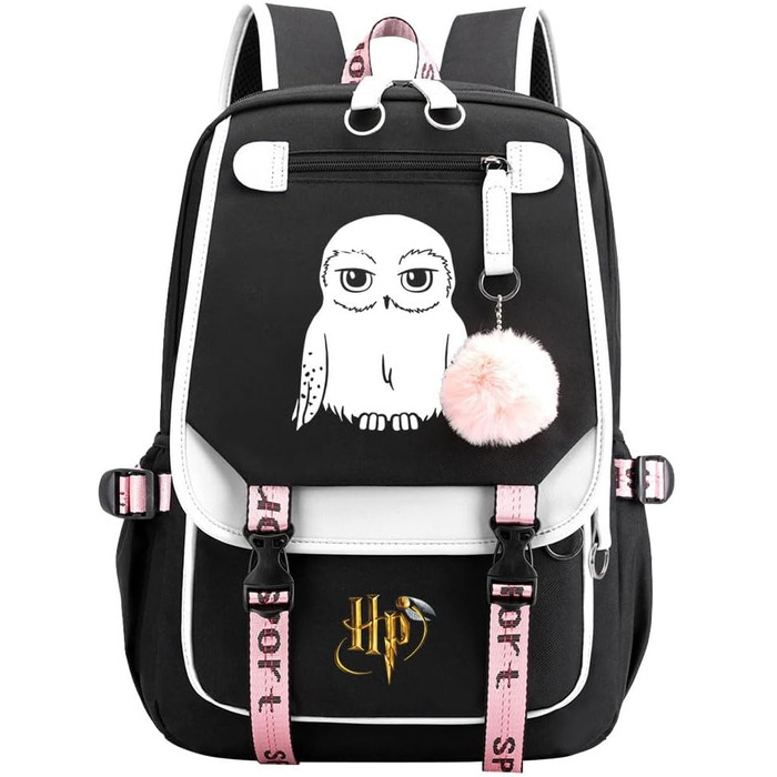 Чорний шкільний рюкзак для дівчаток та підлітків з принтом сова, 7-15 класи, 46 x 29 x 16 см