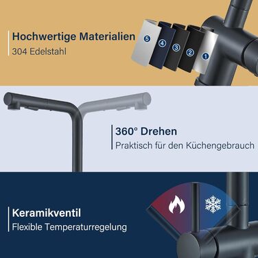 Змішувач для кухні Rozin, чорний матовий, високого тиску, з висувною лійкою 360°, 2 режими, для мийки, з донним клапаном (Orb)