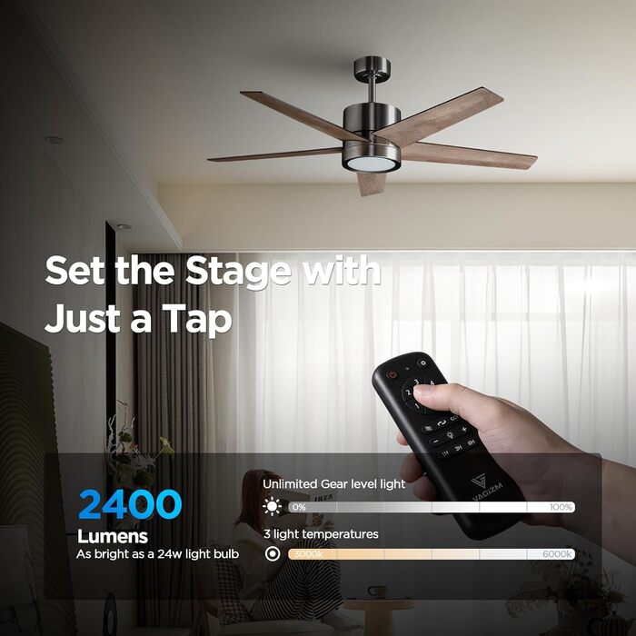 Стеляний вентилятор з підсвічуванням для спальні: 132 см тихий вентилятор з пультом дистанційного керування, ідеальний для вітальні – горіх, 6 швидкостей та трикольорові диммери – 220-240V 5