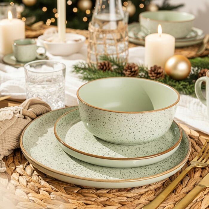 Набір посуду SÄNGER Rio Minze 18 предметів: 6 тарілок для їжі, 6 десертних тарілок, 6 салатників. Керамічний посуд для 6 осіб, м'ятного кольору. VALUE COLLECTION