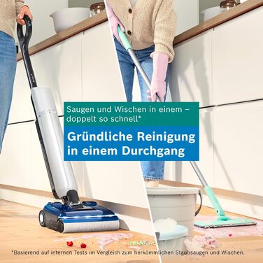 Акумуляторний пилосос для сухого та вологого прибирання Bosch BHF41WS з функцією миття підлоги, системою двох баків, LED-підсвіткою та потужністю всмоктування 24 000 Па