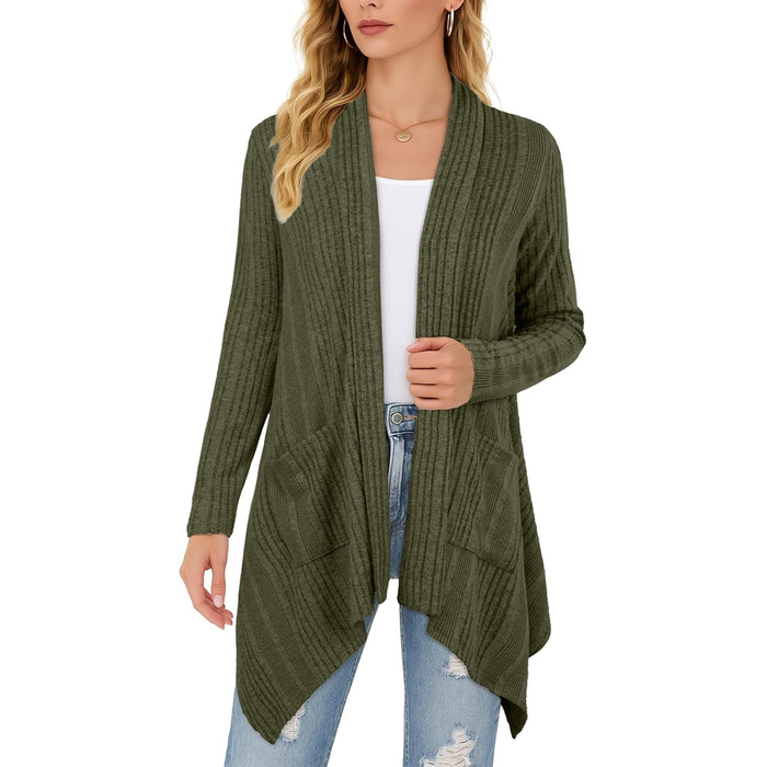 Жакет GRECERELLE з довгими рукавами, легкий в'язаний кардиган з кишенями, м'який, з асиметричним кроєм (M, хакі)