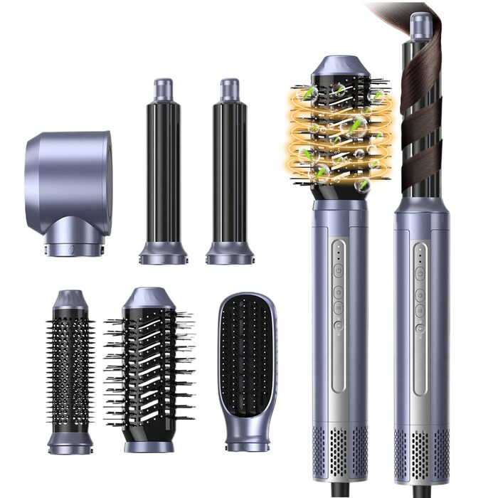 Набір для укладки волосся 6 в 1: фен-щітка, плойка, негайні іони, 110000 обертів, керування температурою, сріблястий