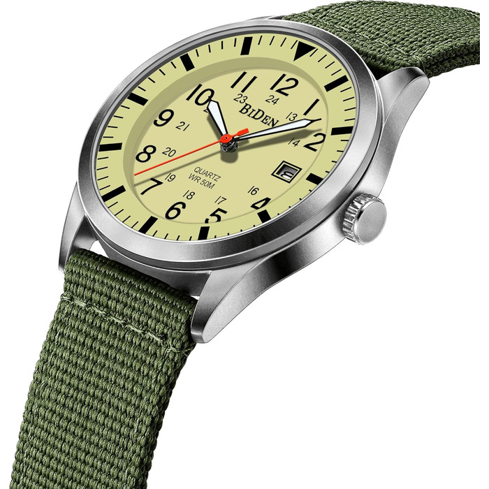 HANPOSH Годинник чоловічий військовий тактичний з датою, водостійкий 3ATM, кварцовий (зелений, срібний, жовтий)